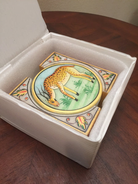 Coaster Marble Round 4" dia x 3 1/2" H set of 6 in Square Marble Box- Deer